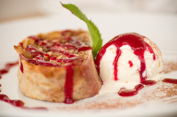 Tasty fruit cake and ice cream