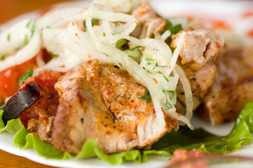 Appetizing weal kebab on skewers with greens
