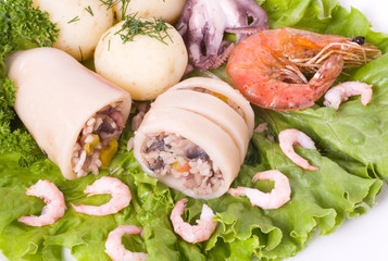 Squid stuffed with shrimp and vegetables on salad leaf