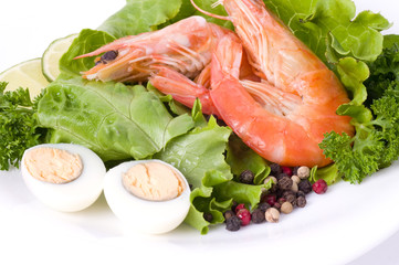 Tasty fried prawn food with  salad and eggs