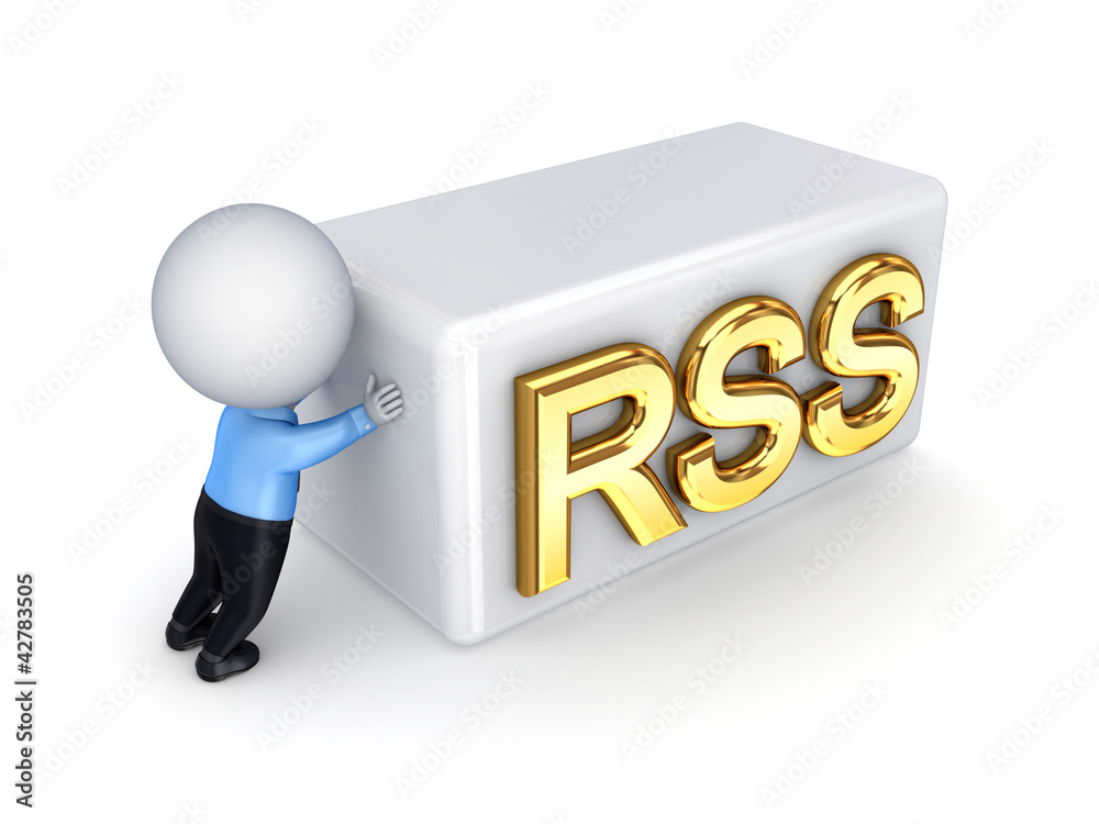 Sticker 3d small person pushing a word rss