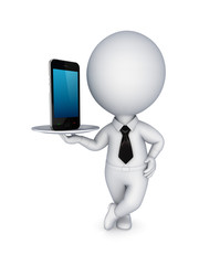 .3d small person with modern mobile phone.