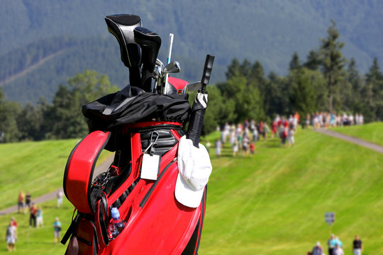Golf Bag with clubs on golf  course