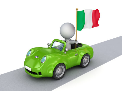 3d small person on orange car with Italian flag.