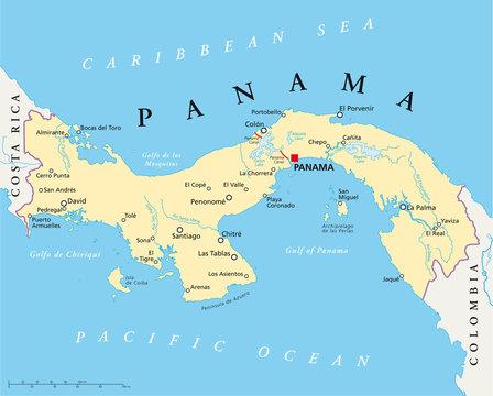 Panama political map with capital Panama City, national borders, most important cities, rivers and lakes. Illustration with English labeling and scaling. Vector.