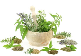 Photo sur Plexiglas Aromatique Mortier et pilon aux herbes et épices