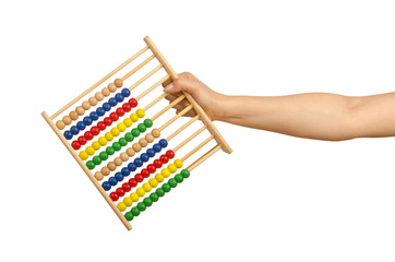 Hand holding abacus on white