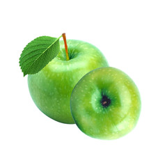 Green fresh apple with leaf isolated on white