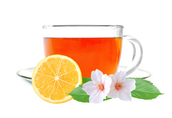 Glass cup tea with lemon and jasmine flowers isolated on a white