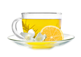 cup of green tea with lemon slice and jasmine flowers isolated o