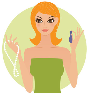woman holding jewelry, green dress, light background clip art preview