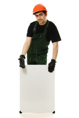 Senior constructor holding the blank board