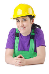Woman worker with hardhat on white