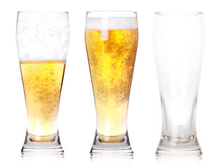 Three glasses of beer with one full, one half, one empty