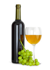 wine in glass with grapes and bottle