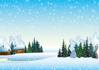 Winter landsckape with forest and houses