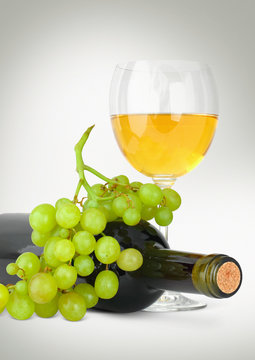 wine in glass with grapes and bottle on grey