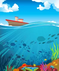 Photo sur Plexiglas Sous-marin Récif de corail coloré et bateau