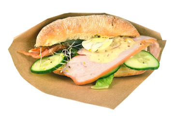 Ciabatta sandwich roll luxury chicken on a white background.
