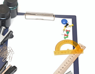 Office stationery tool set over white background