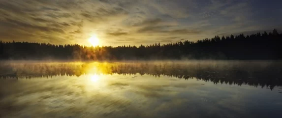 Tuinposter Sunrise on misty lake © savolainenk