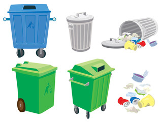 Rubbish and garbage cans and a basket