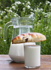 Fresh milk with appetizing ruddy pies in a summer garden
