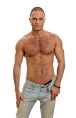 Fototapeta premium Attractive shirtless male in jeans, isolated on white