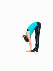 young woman showing fitness routine, white background