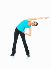 young woman showing fitness routine, white background