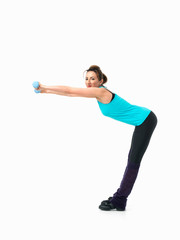 young woman showing fitness routine, white background
