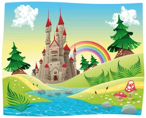 Abwaschbare Fototapete Kinderzimmer Panorama mit Schloss. Cartoon- und Vektorillustration.