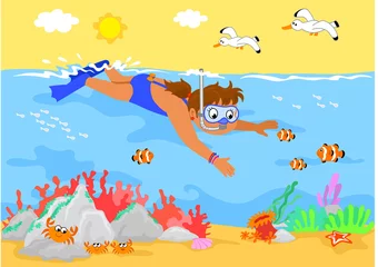Papier peint photo autocollant rond Sous-marin Fille à la mer nageant avec du poisson, vecteur
