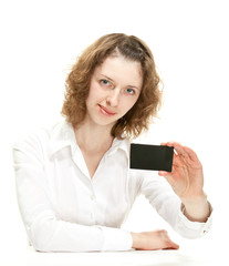 Fototapeta premium Attractive young woman showing blank black card