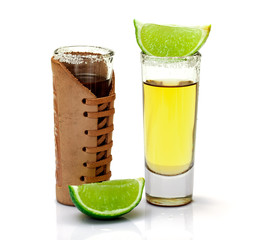 Shot of Gold Tequila with Slice Lime