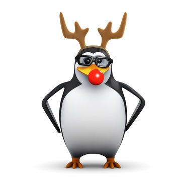 3d Penguin in glasses wears red nose and antlers