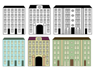City buildings set colored and silhouettes