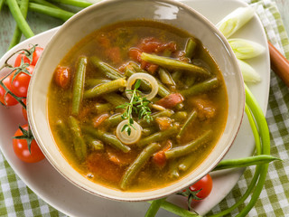 soup with green beans onions and tomatoes, vegetarian food