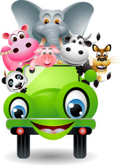 Plakat cartoon zwierząt w zielonym samochodzie