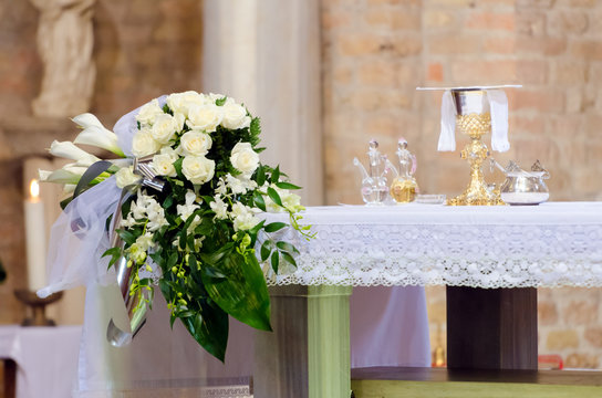 flowers on altar in church