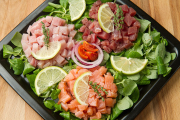 tartara di salmone, tonno e pesce spada