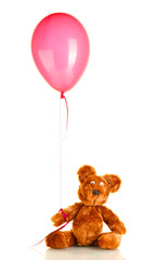 teddy bear with colorful balloon isolated on white