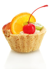sweet cake with fruits isolated on white