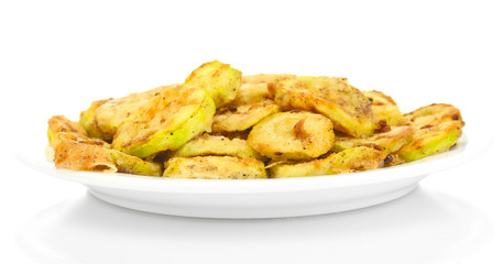Fried zucchini in a white plate isolated on white