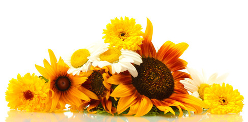 beautiful bouquet of bright wildflowers, isolated on white.