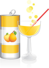 Aluminum drink can and wine glass with fruit juice
