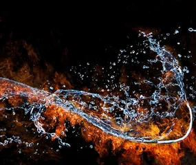 Crédence de cuisine en verre imprimé Flamme Raccordement eau et feu, représentation des éléments.