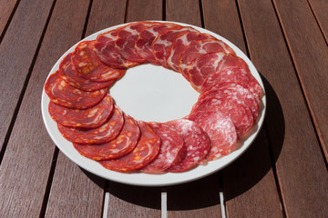 Salchichon, Chorizo and Cabecero sausage on plate