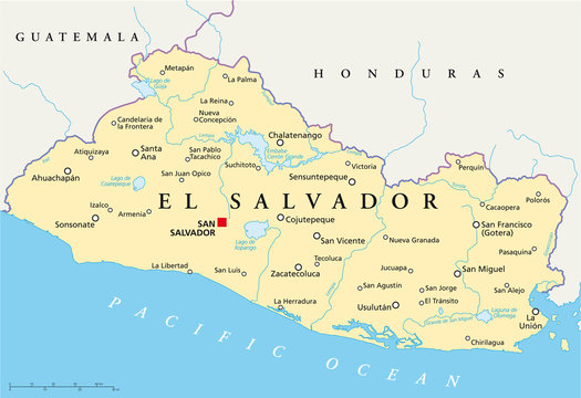 El Salvador political map with capital San Salvador, national borders, most important cities, rivers and lakes. English labeling and scaling. Illustration. Vector.