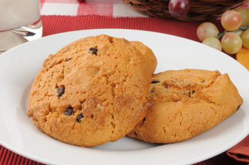 Close up of a plate of chocolate chip cookies